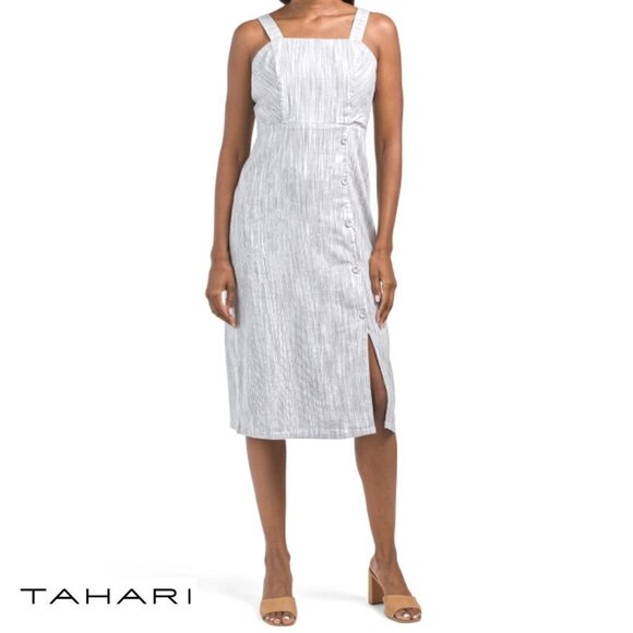 NWT Tahari Tahari Linen Strappy Button Closure Stretch Striped Midi Dress - Picture 1 of 7